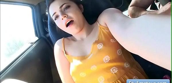  Young hottie brunette teen amateur Kylie flash her natural tits in public and finger herself in the car for a strong orgasm
